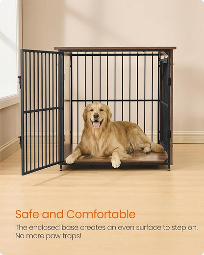Feandrea Wooden Dog Crate Furniture, 48 Inches Heavy-Duty Kennel for Dogs up to 110 lb, with Double Doors and Enclosed Wood Base, Modern Pet Cage End Table Indoor, Rustic Brown