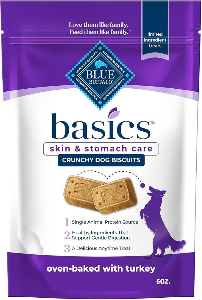 Blue Buffalo Basics Dog Biscuits, Skin & Stomach Care Crunchy Dog Treats, Turkey Recipe, 6-oz Bag