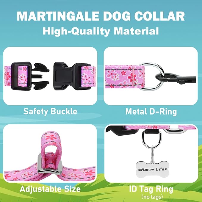 Reflective Martingale Collar for Dogs with Quick Release Buckle Cute Girl Female Flower Dog Collars (Pink Floral, XSmall)