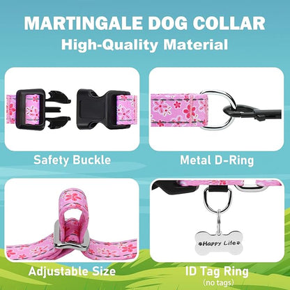 Reflective Martingale Collar for Dogs with Quick Release Buckle Cute Girl Female Flower Dog Collars (Pink Floral, Medium)