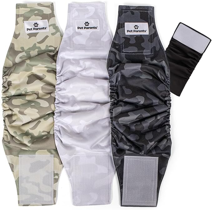 Pet Parents® Washable Belly Bands for Male Dogs (3pack) + Extendrs® of Durable Dog Diapers Male, Premium Male Dog Diapers & Dog Wraps (X-Small, Camo)