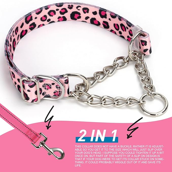 Pink Leopard Martingale Dog Collar, No-Pull Training Collar with Chain, Soft & Durable Design for Medium, Large & XL Dogs (Pink Leopard Medium )