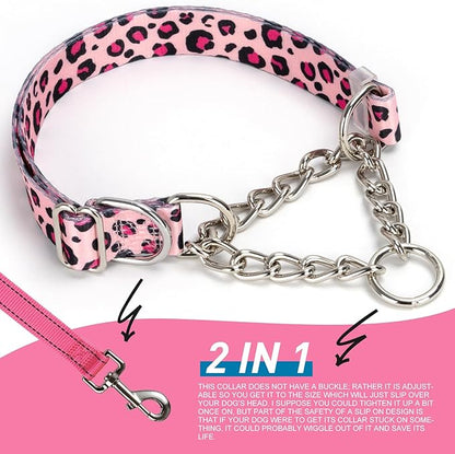 Pink Leopard Martingale Dog Collar, No-Pull Training Collar with Chain, Soft & Durable Design for Medium, Large & XL Dogs (Pink Leopard Medium )