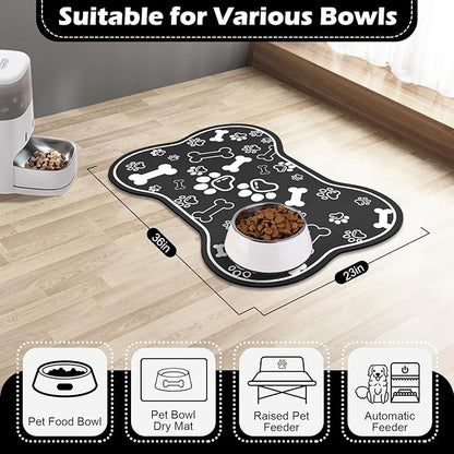 Dog Cat Food Mat,Rapid Absorbent Pet Feeding Mat, Bone Shaped Dog Placemat Water Bowl Mat with Rubber Backing,No Stains Dog Cat Food Mats Indoor, Pet Accessories Supplies 23"x36" Black