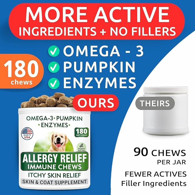 BARK&SPARK Dog Allergy Relief Soft Chews for Skin Health & Seasonal Allergies - Anti-Itch Supplement w/Omega-3, Quercetin & Bromelain Immune Treats for Dry Skin & Hot Spots - Peanut Butter - 180ct