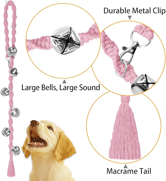 Dog Bells to Go Outside & Puppy Potty Training, Adjustable Dog Door Bell Ring to Go Potty, Handmade with Premium Yarn. Twisted Style, LightPink