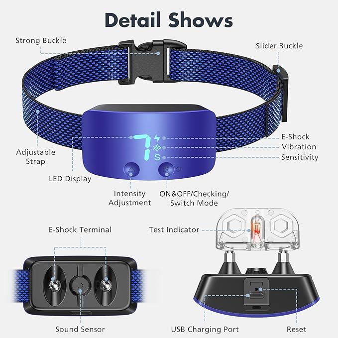 NBJU Bark Collar for Dogs,Rechargeable Anti Barking Training Collar with 7 Adjustable Sensitivity and Intensity Beep Vibration for Small Medium Large Dogs(Dark Blue