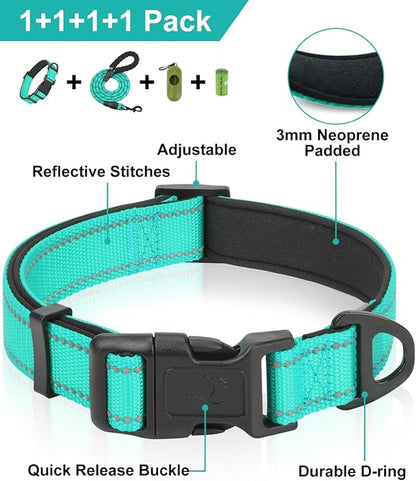 Dynmeow Reflective Dog Collar and Leash Set, 6FT Strong Climbing Rope Leash with Padded Handle, Adjustable Pet Collar with Soft Neoprene Padding for Small Medium Dogs, Teal, S