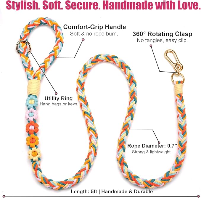 Handmade 5ft Braided Cotton Dog Leash with Unique Floral Handle, Durable and Stylish, Ideal for Small to Large Dogs,Rainbow Mix