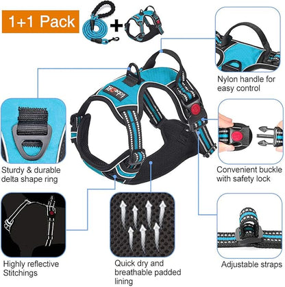 No Pull Dog Harness Adjustable Reflective Oxford Easy Control Medium Large Dog Harness with A Free Heavy Duty 5ft Dog Leash