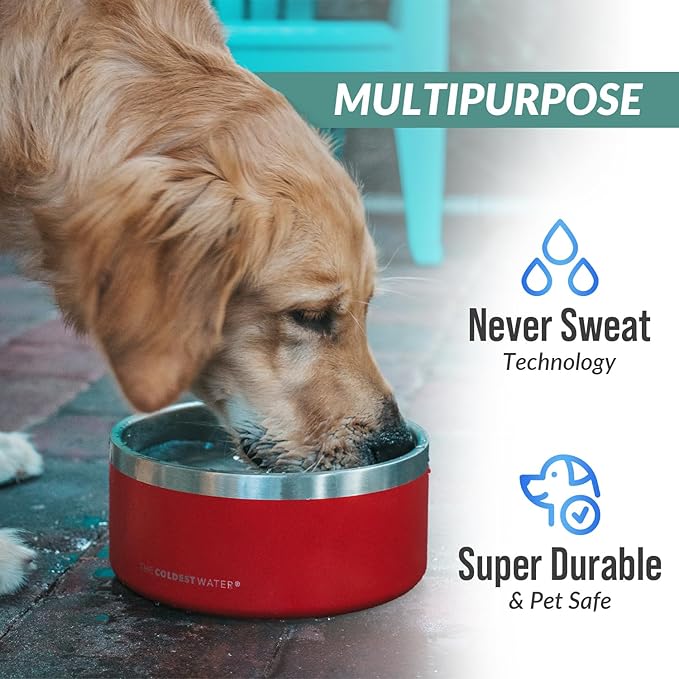 Coldest Dog Bowl - Anti Rust Metal, Non Slip, 3 Layers Insulated Stainless Steel Dog Bowls - Spill Proof & Heavy Duty - Water Bowl for Dogs, Cats & Pets, Dish Washer Safe (200 oz, Crimson Red)