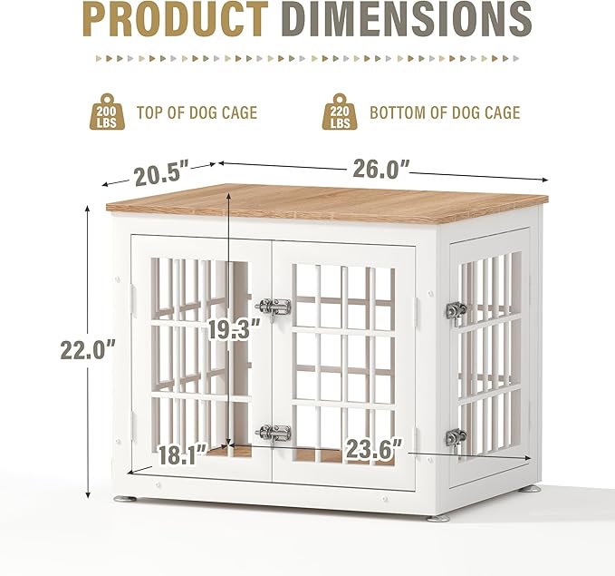 rehomerance 26 Inch Heavy Duty Dog Crate Furniture for Small Dogs, Decorative Pet House End Table, Wooden Cage Kennel Furniture Indoor, White and Natural