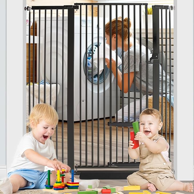 SHYUJAJIE 71 Inch Extra Tall Pet Gate with Small Cat Door, 29.55"-40.55" Adjustable Wide Dog Gate, Tall Cats Gates for Doorway, Stairs, House(Black)
