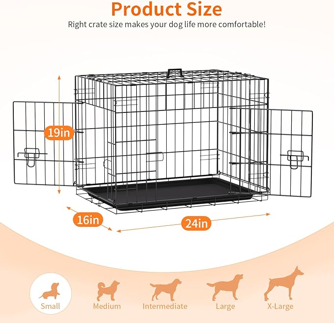 FDW Dog Crate 24-Inch Dog Cage Single Door Foldable Metal Kennel with Leakproof Tray Foldable Design Indoor Outdoor Use for Small Dogs,Dark Black