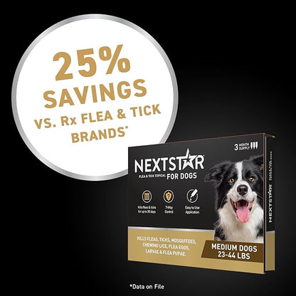 NEXTSTAR Flea and Tick Prevention for Dogs, Repellent, and Control, Fast Acting Waterproof Topical Drops. Medium Dog Tick & Flea Repellent, 3 Month Dose