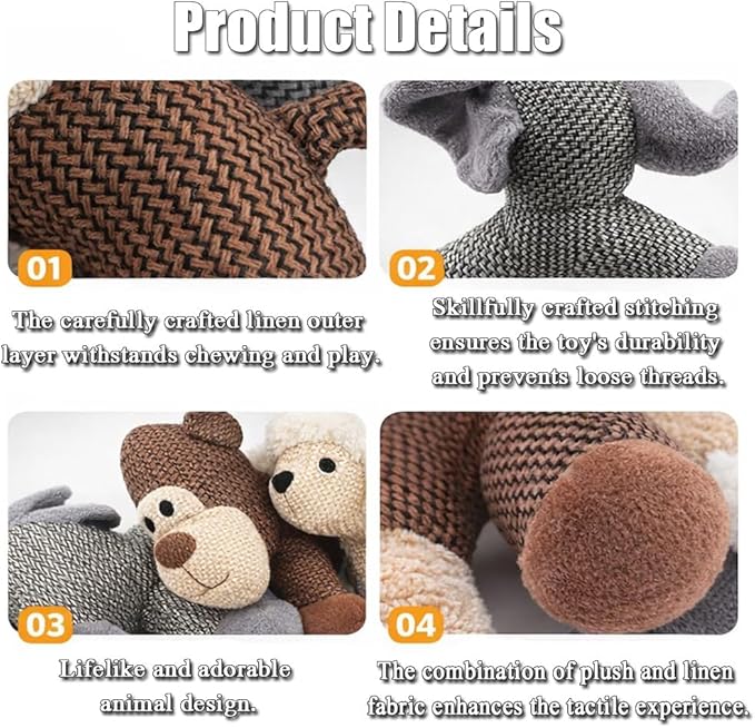Linen Squeaky Dog Chew Animals, Made from Sturdy Linen Fabric in the Shapes of Animals Dogs Love, This is Perfect for Relieving Boredom and Anxiety in Small to Medium-Sized Dogs(Monkey)