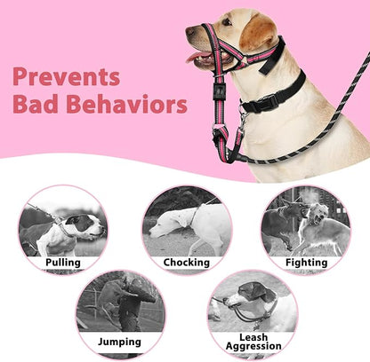 BARKLESS Soft Dog Head Collar, Patented Padded No Pull Head Halter, Training Nose Leash with Safety Link for Medium Large Dogs, Adjustable Muzzle Leash, Easy Control for Walking(Pink, L)