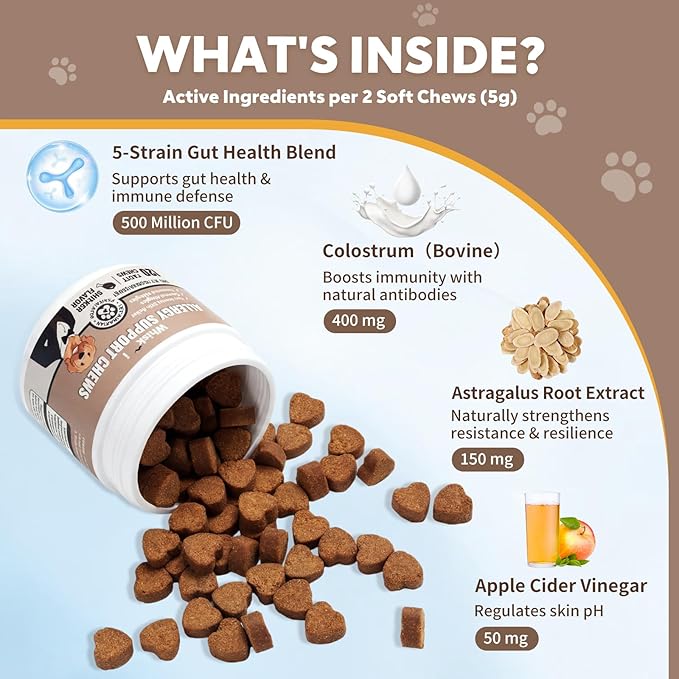 Dog Allergy Relief Chews Immune Support for Dogs with Probiotics for Itchy Skin and Hot Spots Allergies Relief, Paw Licking, Dry Skin & Coat Supplement Itching Relief Bites - 120 Ct
