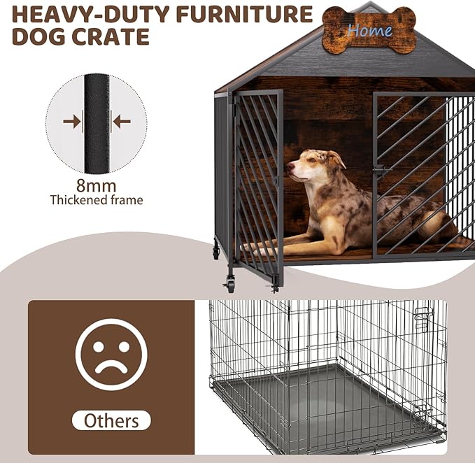 Heavy Duty Dog Crate Furniture for Large Breeds, 39.4" XXL Indoor Wooden Dog Kennel with Gable Roof, Escape Proof Double Door & Chew Proof Metal Cage for German Shepherd/Labrador, Rustic Brown
