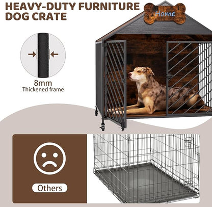 Heavy Duty Dog Crate Furniture for Large Breeds, 39.4" XXL Indoor Wooden Dog Kennel with Gable Roof, Escape Proof Double Door & Chew Proof Metal Cage for German Shepherd/Labrador, Rustic Brown