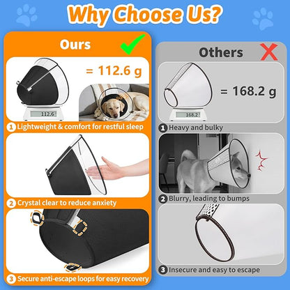 Dog Cone Collar, Clear Soft Cone for Dogs After Surgery to Stop Licking, Breathable Mesh Recovery Collar with Elastic Loop for Snug Fit, Adjustable E-Collar for Medium Dogs, Black Size 3