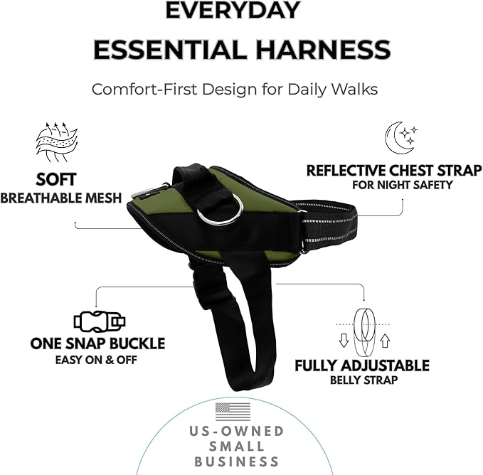 ShawnCo Essential Dog Harness, No-Pull Pet Vest with 3 Leash Clips, No Choke, Reflective, Adjustable and Padded, for Easy Walking and Training for Small, Medium and Large Dogs (Olive Green, XS)