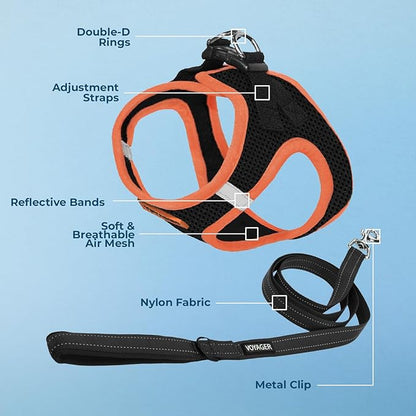Best Pet Supplies Voyager Step-in Air All Weather Mesh Harness and Reflective Dog 5ft Leash Combo with Neoprene Handle, for Small, Medium and Large Breed Puppies - Set (Black/Orange Trim), X-Large
