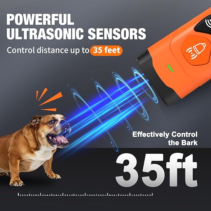 Dog Bark Deterrent Devices 3X Ultrasonic Anti Barking Device with 6 Training Modes 35FT Range Rechargeable & Humane Bark Control for Own or Neighbor’s Dog Indoor & Outdoor Use (Orange)
