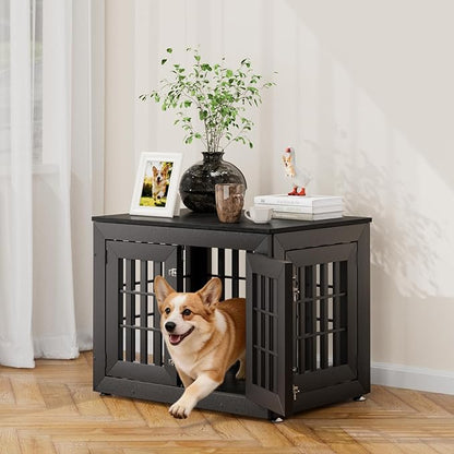 Snuowu 32" Heavy Duty Dog Crate Furniture for Small,Medium and Large Dogs,Rustic Wooden Dog Cage Kennel Indoor Furniture with Waterproof Top,Decorative Pet House Side End Table (Black)