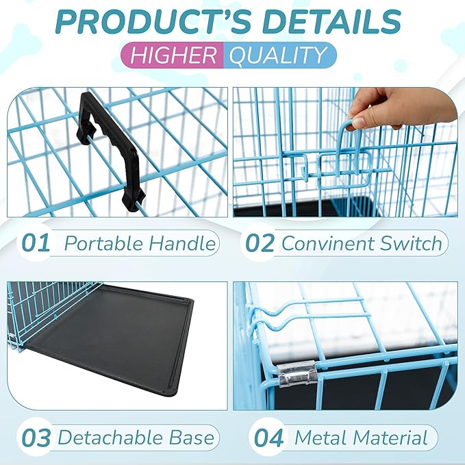 Dopinmin 48 Inch Heavy Duty Dog Crate Double Door Folding Metal Dog Cage Dog Crates for Large Dogs Outdoor Indoor Includes Divider Panel and Leak-Proof Tray,Blue