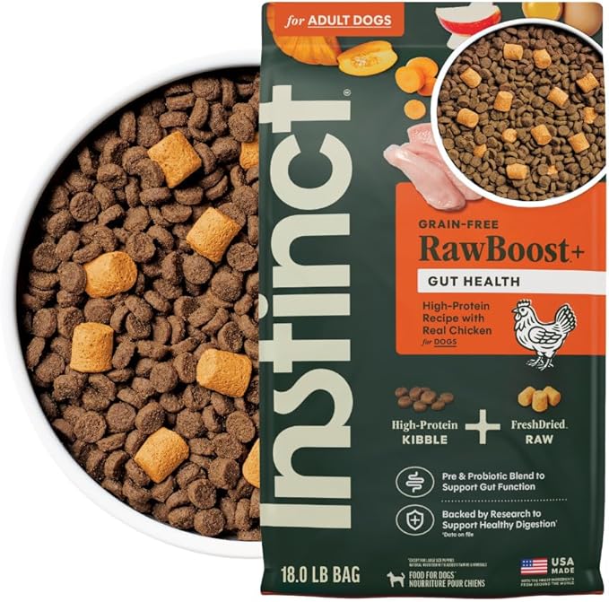 Instinct RawBoost Gut Health, Natural Dry Dog Food with FreshDried Raw, High Protein, Grain-Free Recipe - Real Chicken, 18 lb. Bag