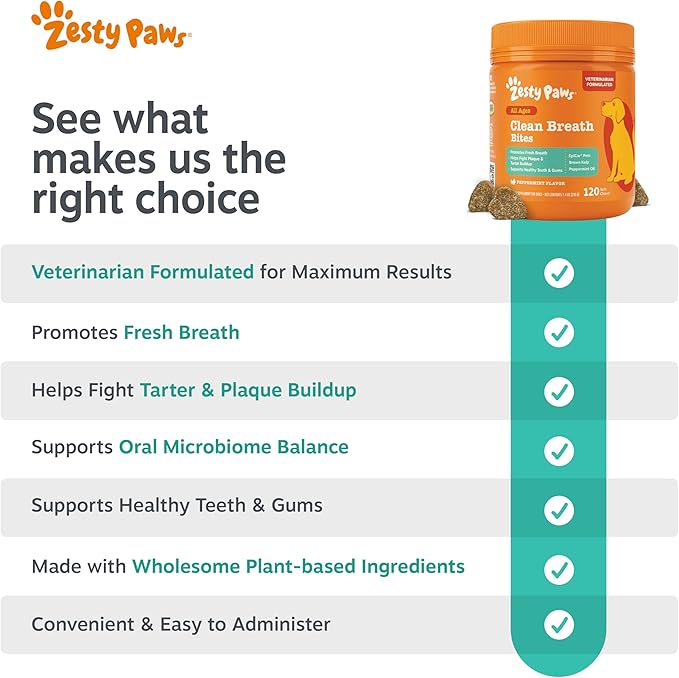 Zesty Paws Clean Breath Dental Chews for Dogs - Dog Breath Freshener + Fights Plaque & Tartar - Dental Chew with Peppermint Oil + Brown Kelp, Green Tea Extract - Teeth, Gum & Oral Health Support