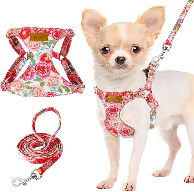 Lukovee Puppy Harness and Leash Set, No Pull Lightweight Soft Suede Adjustable Pet Harness Vest with Snap Buckle for Puppy Small and Medium Size Dog (Pink Rose, S)