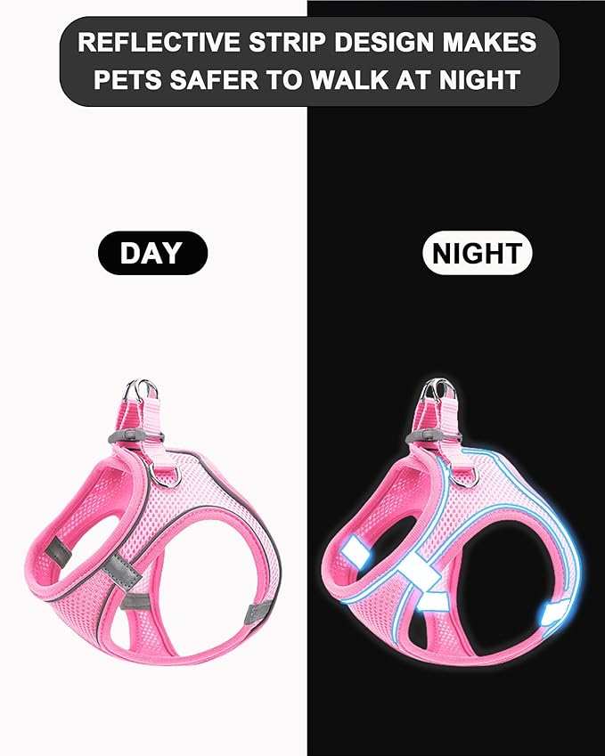 L Pink Soft Mesh Dog Harness and Leash Set,No Escape Puppy Harnesses for Training Walking， Reflective Adjustable Puppy Vest for Small Medium Dogs, Cats (Pink, L)