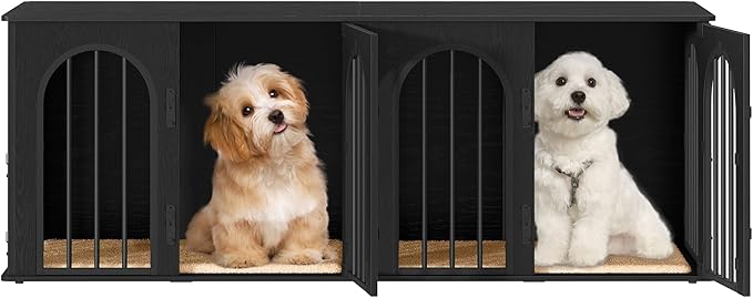 Hzuaneri 63" Dog Crate Furniture for 2 Dogs, Heavy Duty Indoor Dog Kennel TV Stand, L Wooden Dog Cage with Divider for Medium Large Dogs, End Table Dog Crate with Cushion, Black DFC80904B