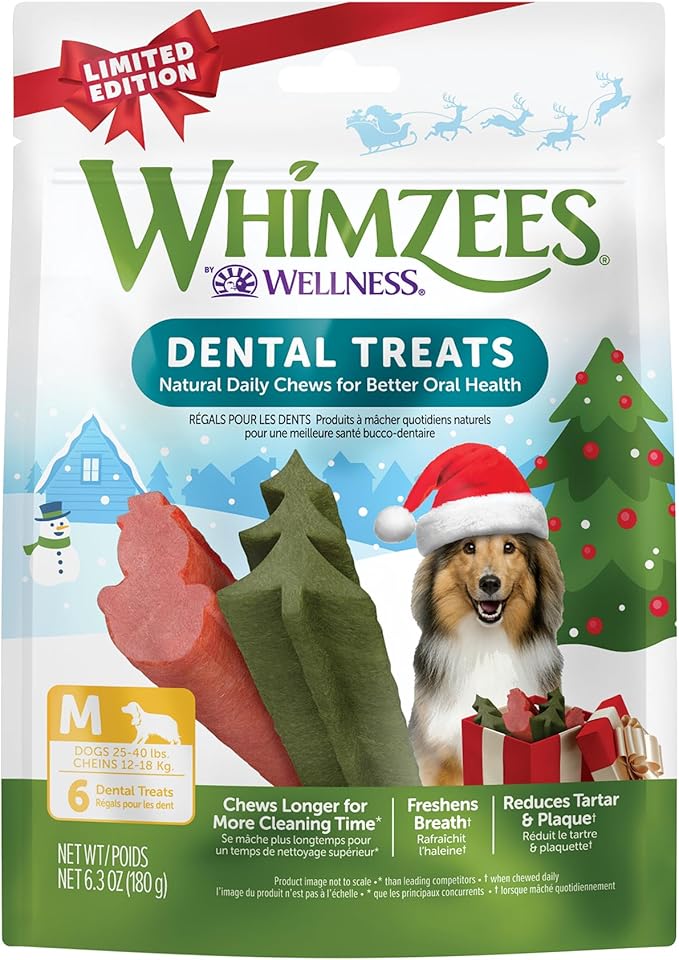 Wellness WHIMZEES Holiday Dog Dental Treat, Christmas Winter Seasonal Gift, Chews, Freshens Breath, Medium Size, 6.3 oz Bag, 6 Count