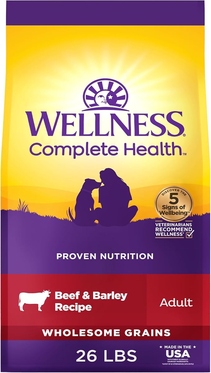 Wellness Complete Health Adult Dry Dog Food, Wholesome Grain Kibble, Natural, Beef and Barley Recipe, 26 lb Bag