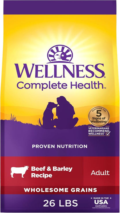 Wellness Complete Health Adult Dry Dog Food, Wholesome Grain Kibble, Natural, Beef and Barley Recipe, 26 lb Bag