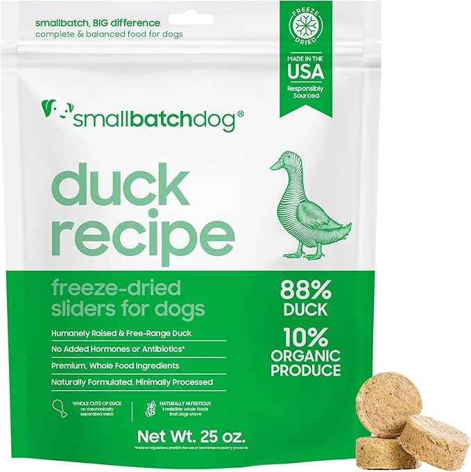 smallbatch Pets Freeze Dried Raw Dog Food, Duck Recipe, 25 oz, Organic High Protein Dog Food, Grain Free, Made in the USA, Humanely Raised Meat, Single Protein, for Picky Eaters, Hydrate & Serve