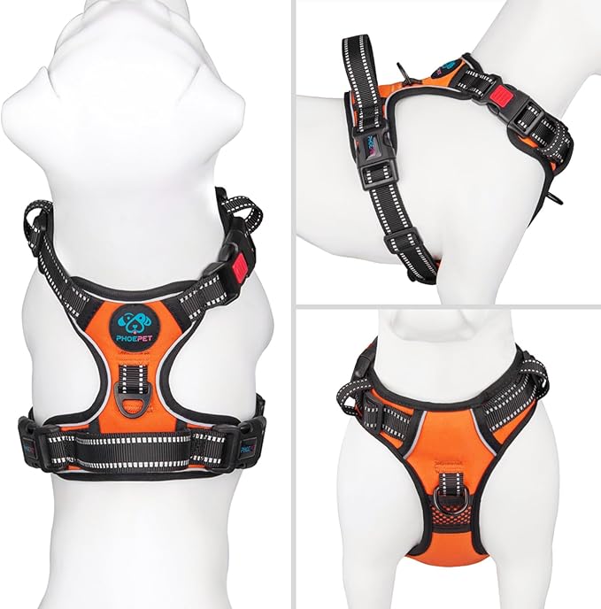 PHOEPET Reflective Dog Harness Large Breed Adjustable No Pull Vest with Handle 2 Metal Rings 3 Buckles [Easy to Put on & Take Off](XL, Orange)