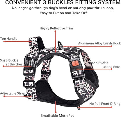 Petmolico No Pull Dog Harness Set with Leash Attachment Easy Control Handle Reflective Harness Vest Small Breed, Puppy Vest and Leash Set with Poop Bag Holder, XS - Leopard