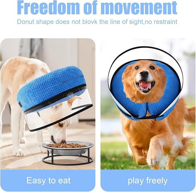2-in-1 Soft Inflatable Dog Cone Collar Alternative with Enhanced Anti-Licking Guard Shield, Dog Donut Collar After Surgery, Adjustable Cones for Large Medium Small Dogs and Cats (Blue,L)