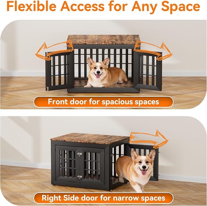 Snuowu 32" Heavy Duty Dog Crate Furniture for Small,Medium and Large Dogs,Rustic Wooden Dog Cage Kennel Indoor Furniture with Waterproof Top,Decorative Pet House Side End Table (Black & Wood)