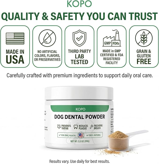 KOPO Dog Dental Powder | Dog Oral Care Supplement | Supports Fresh Breath & Gum Health | Helps Reduce Plaque & Tartar Buildup | Beef Liver Flavor | All Breeds & Sizes | 99 Scoops