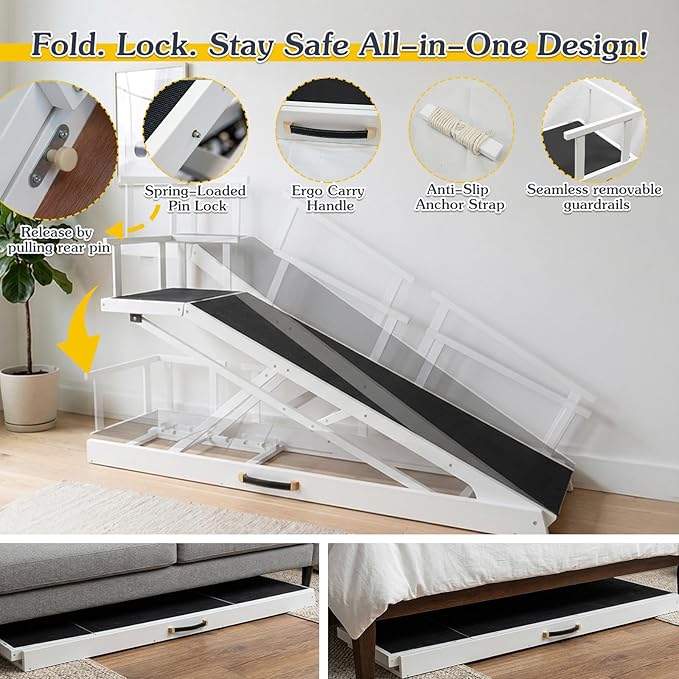 6 Level Height Adjustable Dog Ramp for Bed, Couch 65" Foldable Pet Ramp with Non-Slip Mat，DIY Glow Strips & Rest Platform Heavy Duty Dog Stairs for Large Dogs up to 200Lbs ，White