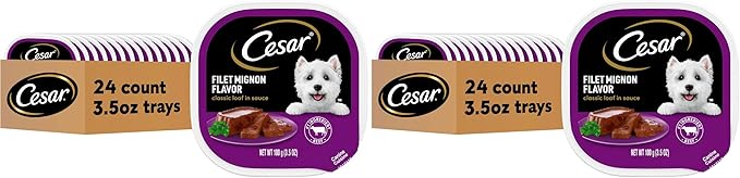 Cesar Classic Loaf in Sauce Adult Wet Dog Food Filet Mignon Flavor, Wet Food for Dogs, 3.5 oz Easy Peel Trays, 24 Count (Pack of 2)