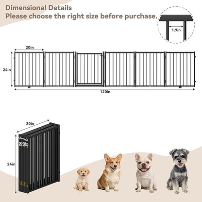 SNUOWU Full Metal Freestanding Dog Gate with Door, 24'' Height Foldable Pet Dog Fence for Indoor & Outdoor, 6 Panels Extra Wide Free Standing SmallDog Gates for Doorways,House,Stairs,Porch,Deck,Yard