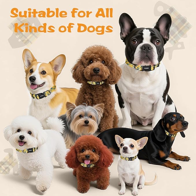 Kazazoo Dog Collar Cute and Soft Nylon Puppy Collar for Boy and Girl, Adjustable Dog Collars for Small Medium Dogs, Yellow&Blue Plaid-XS