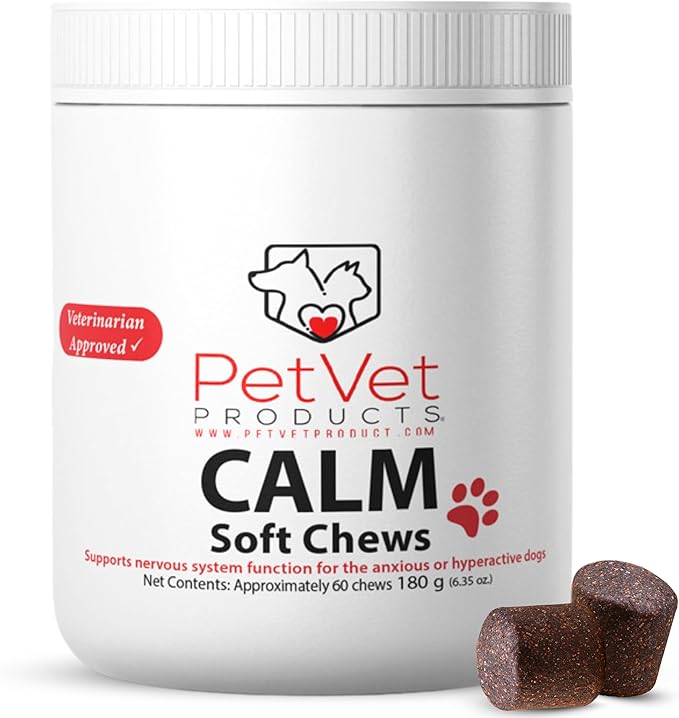 Pet Vet Calming Chews for Dogs – Dog Anxiety Relief (Beef Liver Flavor 60 Chews) – Stress Relief, Dog Supplements for Hyperactive & Anxious Dogs – Dog Anxiety Chews for Relaxation, Dog Care Products