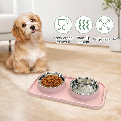BNOSDM Double Dog Food Bowls Stainless Steel Dog Food and Water Bowls with Non-Spill Plastic Mat Pet Cat Feeder Bowl Set for Puppy Cats Kitten Small Medium Dogs Pink